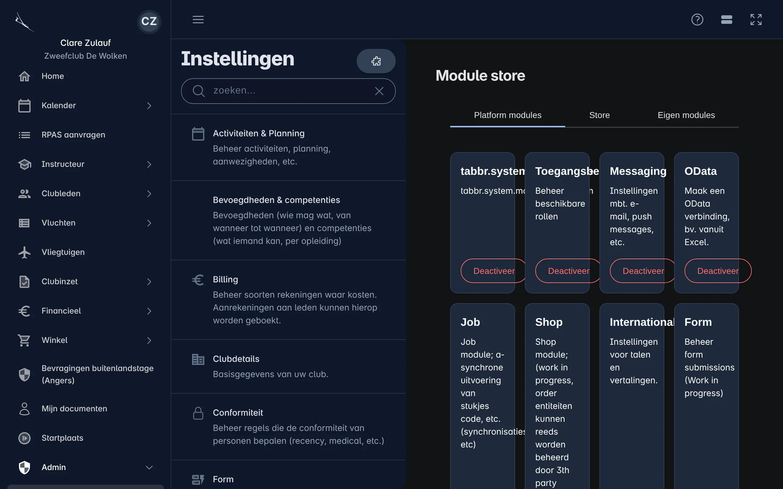 De Module Store in de instellingen van een club, met de modules die ze kan installeren