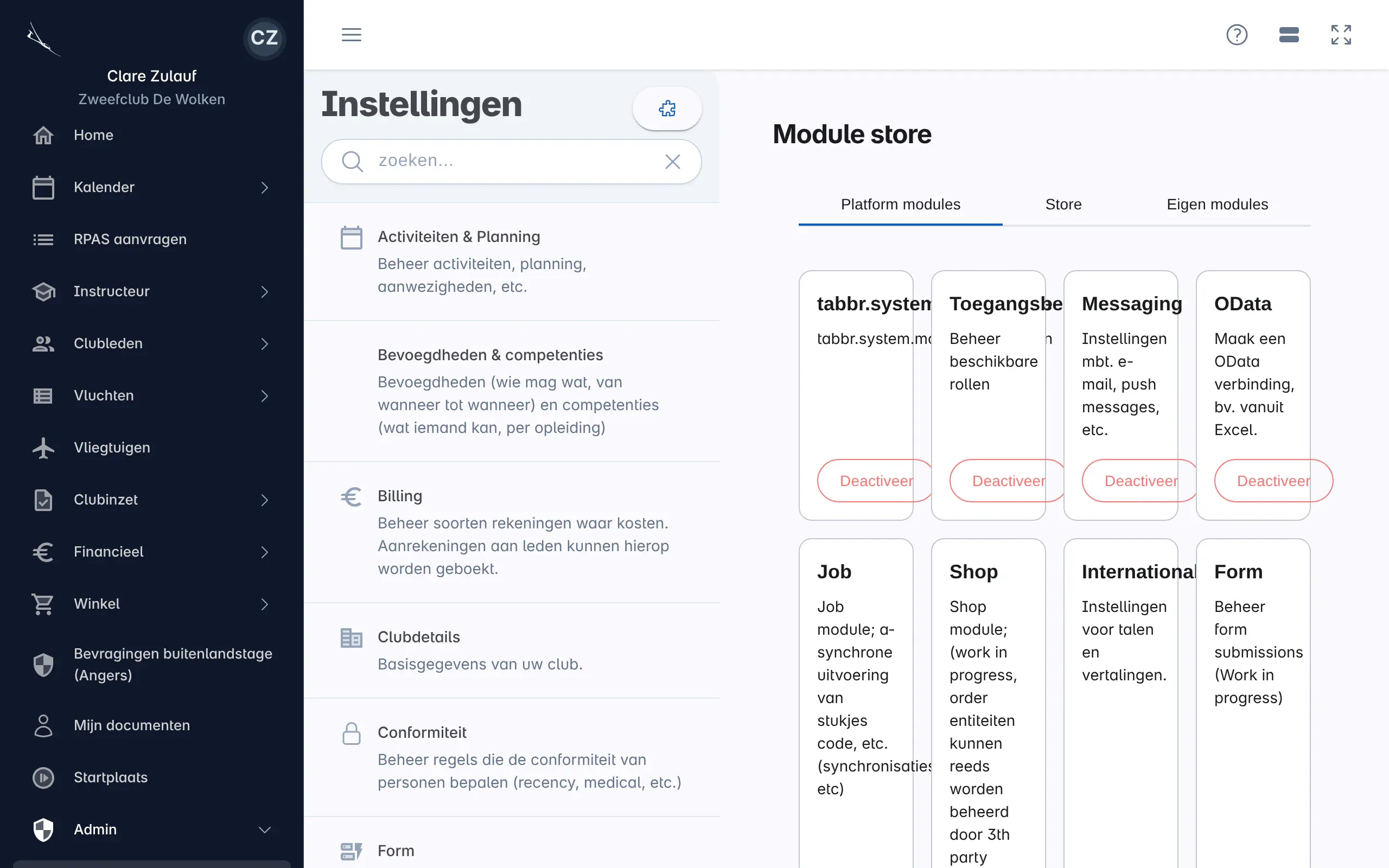 De Module Store in de instellingen van een club, met de modules die ze kan installeren